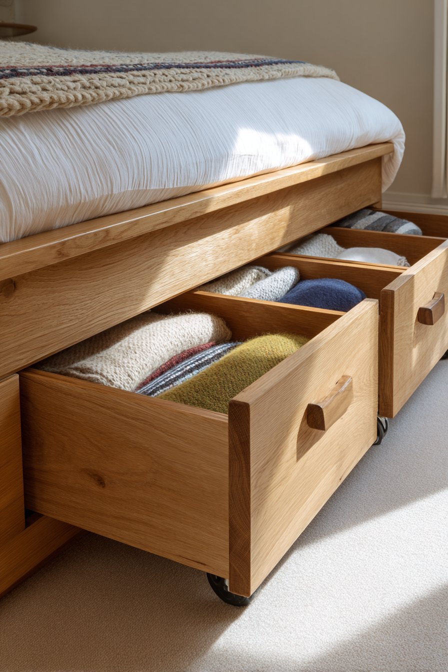 Natural oak under-bed drawers on casters pulled partly open to show organized linen compartments beneath a raised bed
