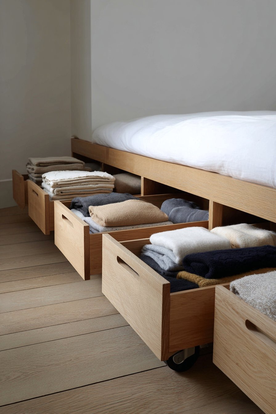 Natural oak under-bed drawers on casters pulled partly open to show organized linen compartments beneath a raised bed