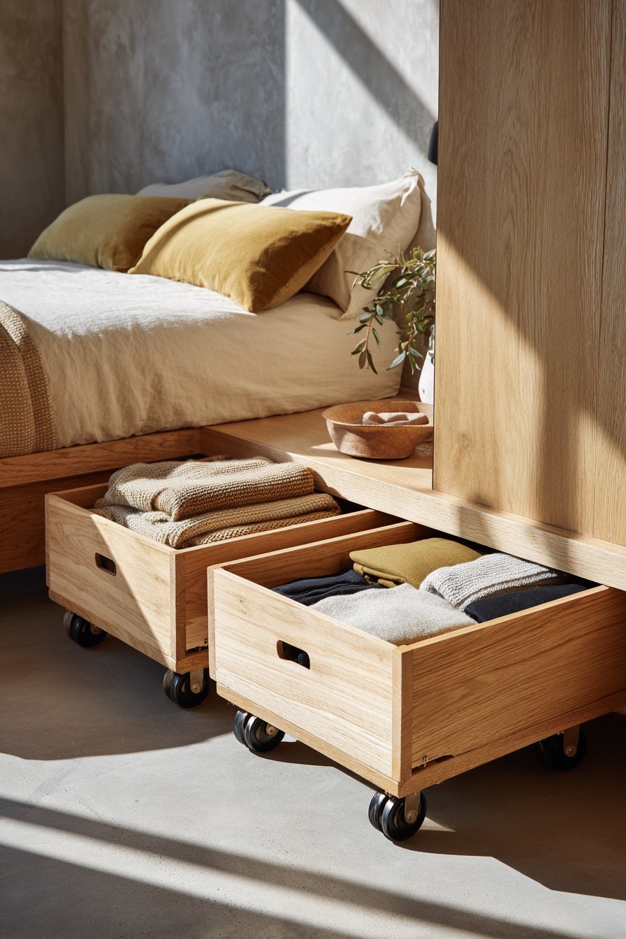 Natural oak under-bed drawers on casters pulled partly open to show organized linen compartments beneath a raised bed