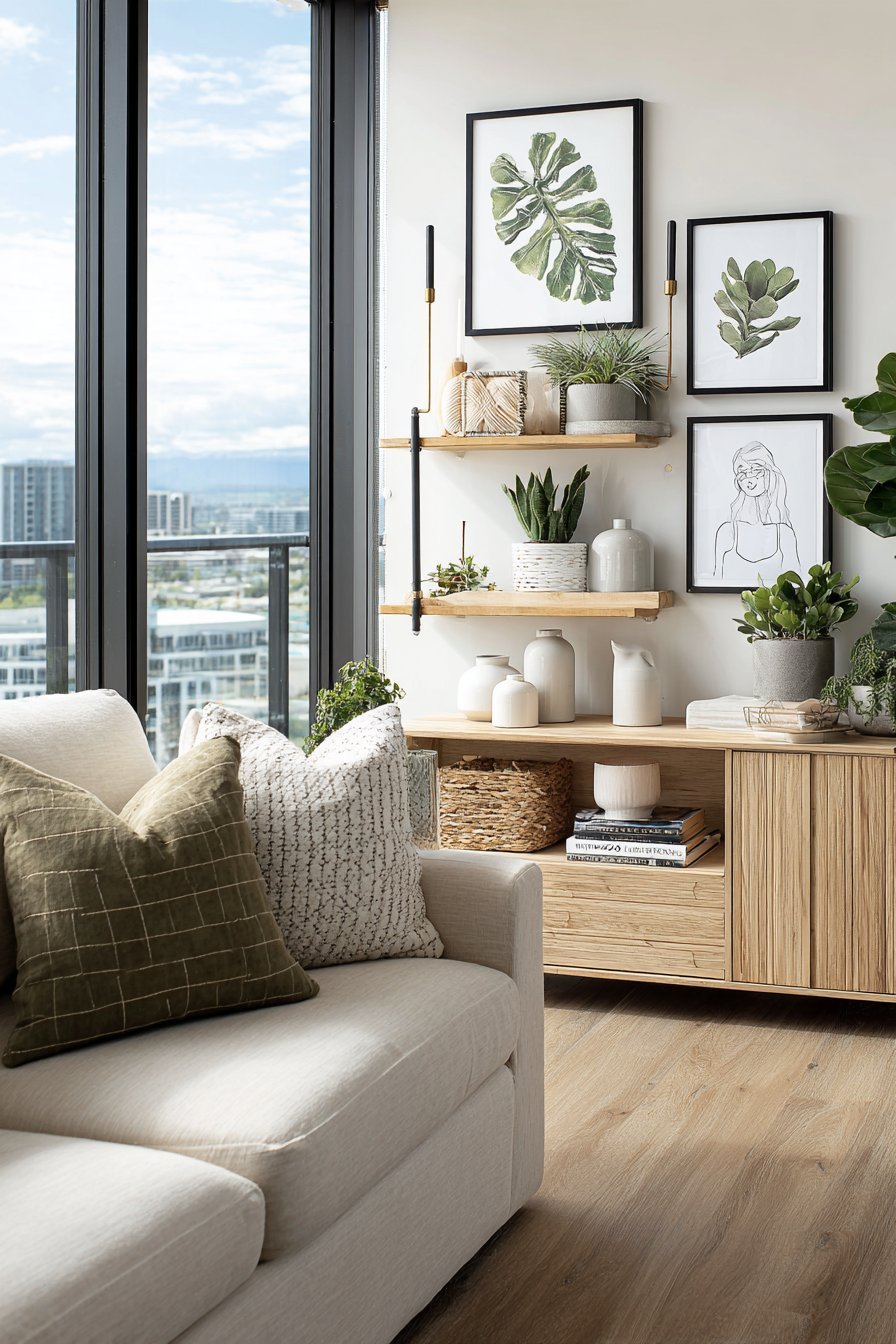 Scandinavian living room with black-framed botanical gallery wall, oak media console and cream linen sofa