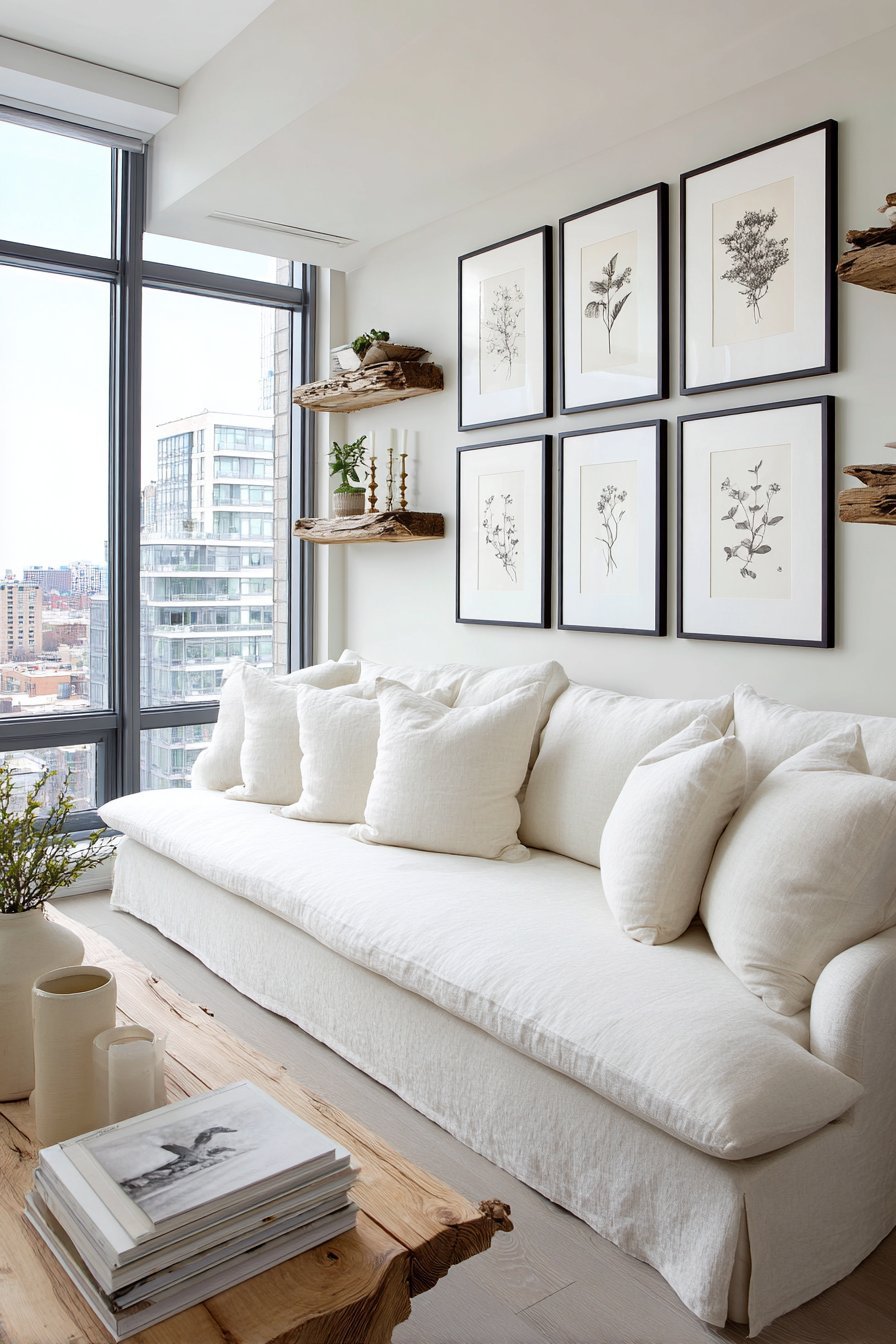 Scandinavian living room with black-framed botanical gallery wall, oak media console and cream linen sofa