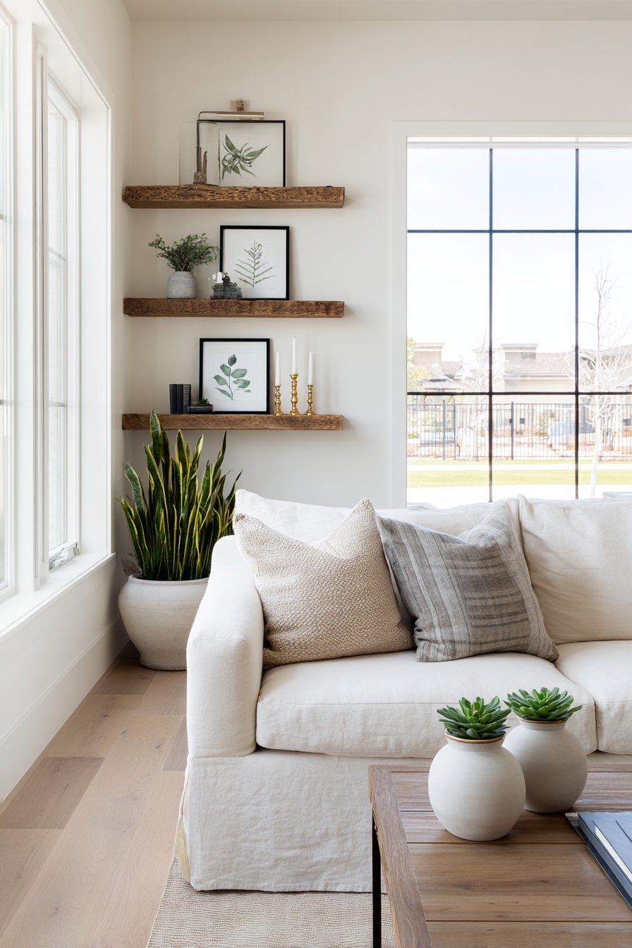 Scandinavian living room with black-framed botanical gallery wall, oak media console and cream linen sofa