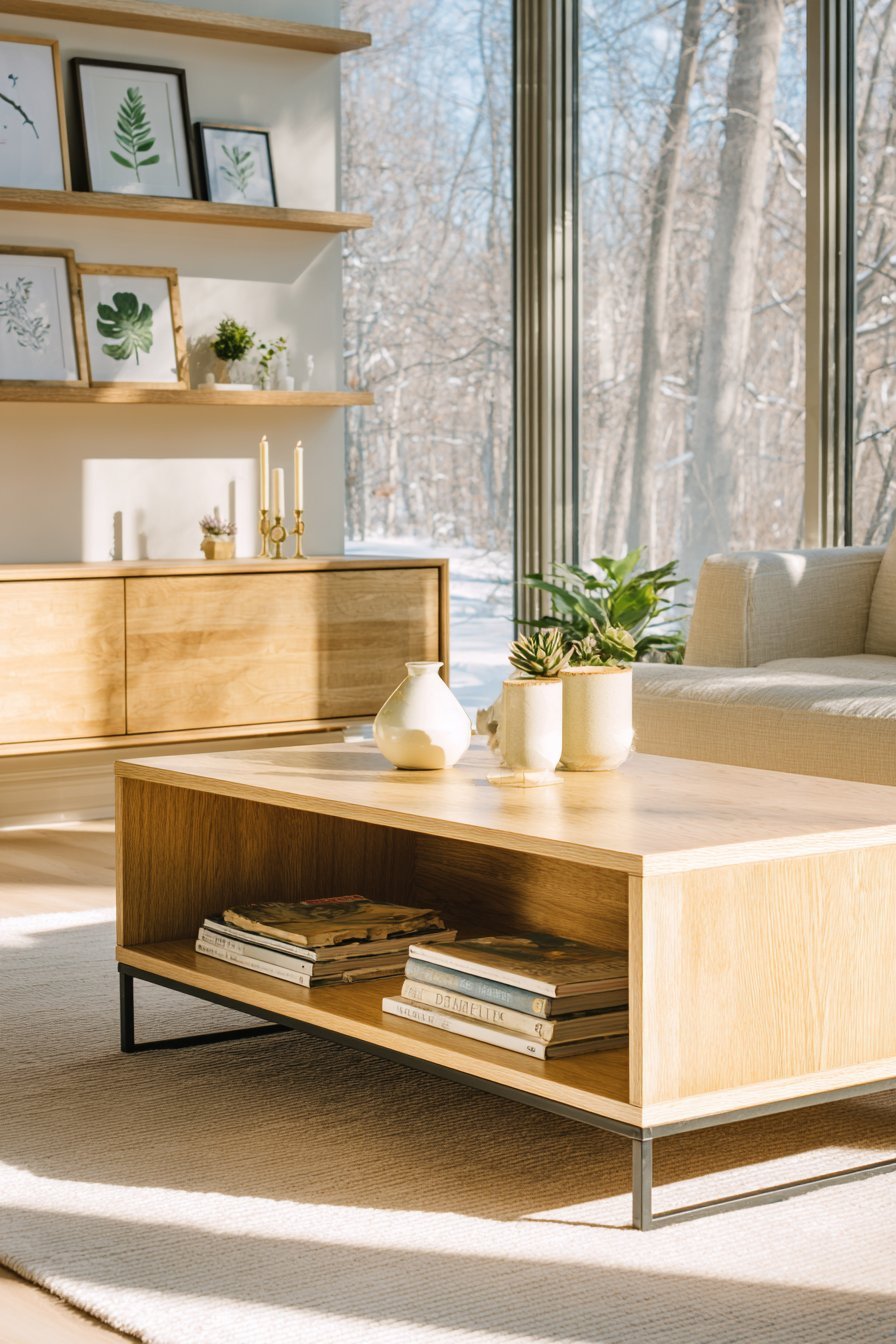 Scandinavian living room with black-framed botanical gallery wall, oak media console and cream linen sofa