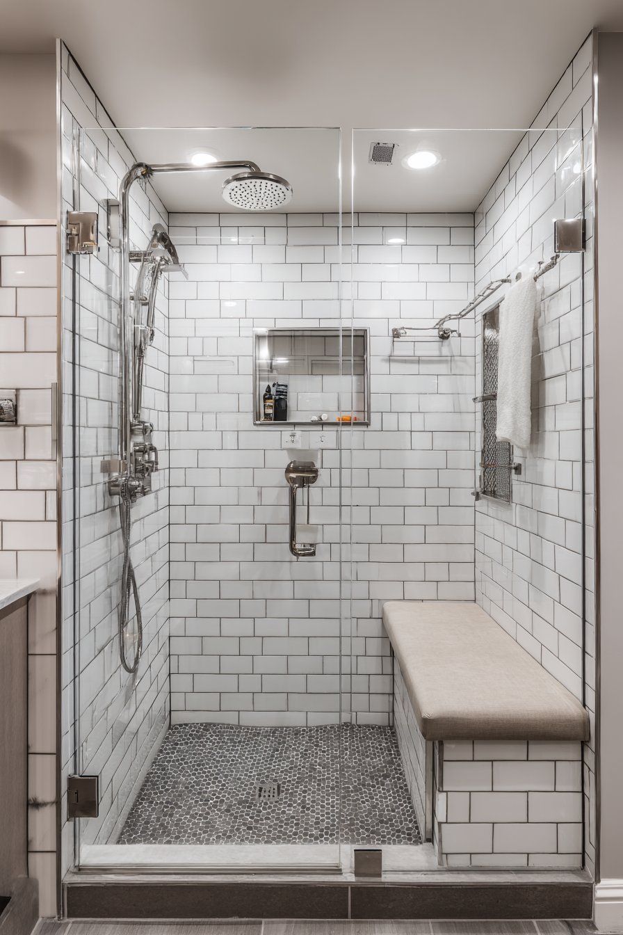 Frameless glass shower with rainfall head, tiled bench, glass shelf niche and pebble stone floor