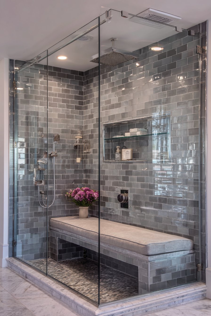 Frameless glass shower with rainfall head, tiled bench, glass shelf niche and pebble stone floor