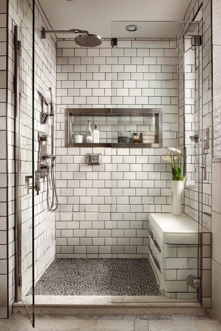Frameless glass shower with rainfall head, tiled bench, glass shelf niche and pebble stone floor