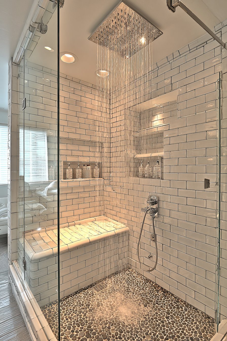 Frameless glass shower with rainfall head, tiled bench, glass shelf niche and pebble stone floor