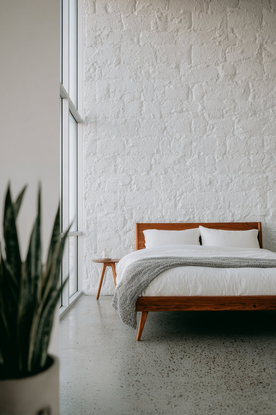 Light ash floating bed frame against a white plaster wall with white sheets, grey wool blanket and snake plant