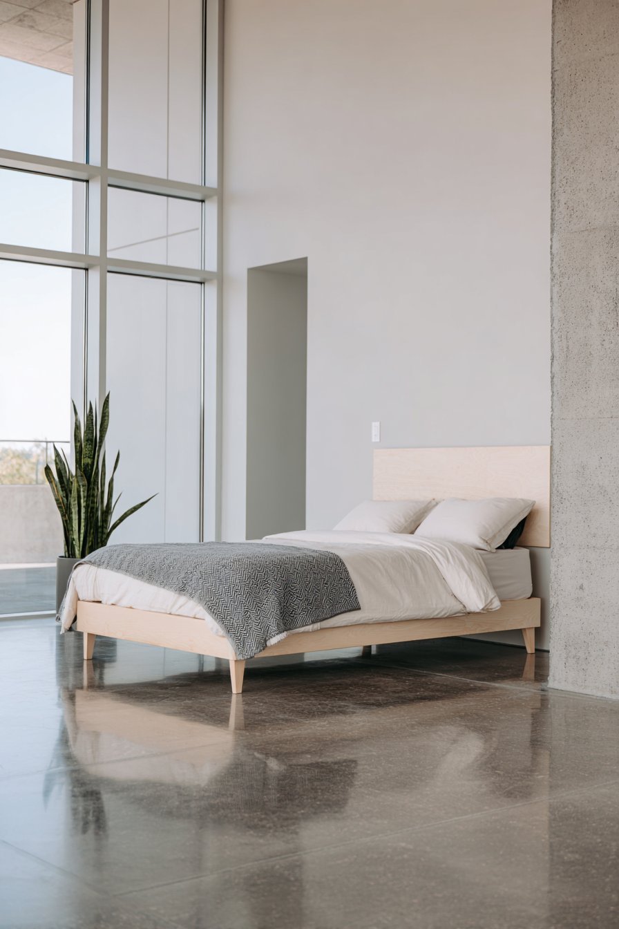 Light ash floating bed frame against a white plaster wall with white sheets, grey wool blanket and snake plant