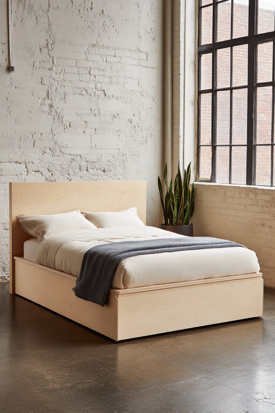 Light ash floating bed frame against a white plaster wall with white sheets, grey wool blanket and snake plant