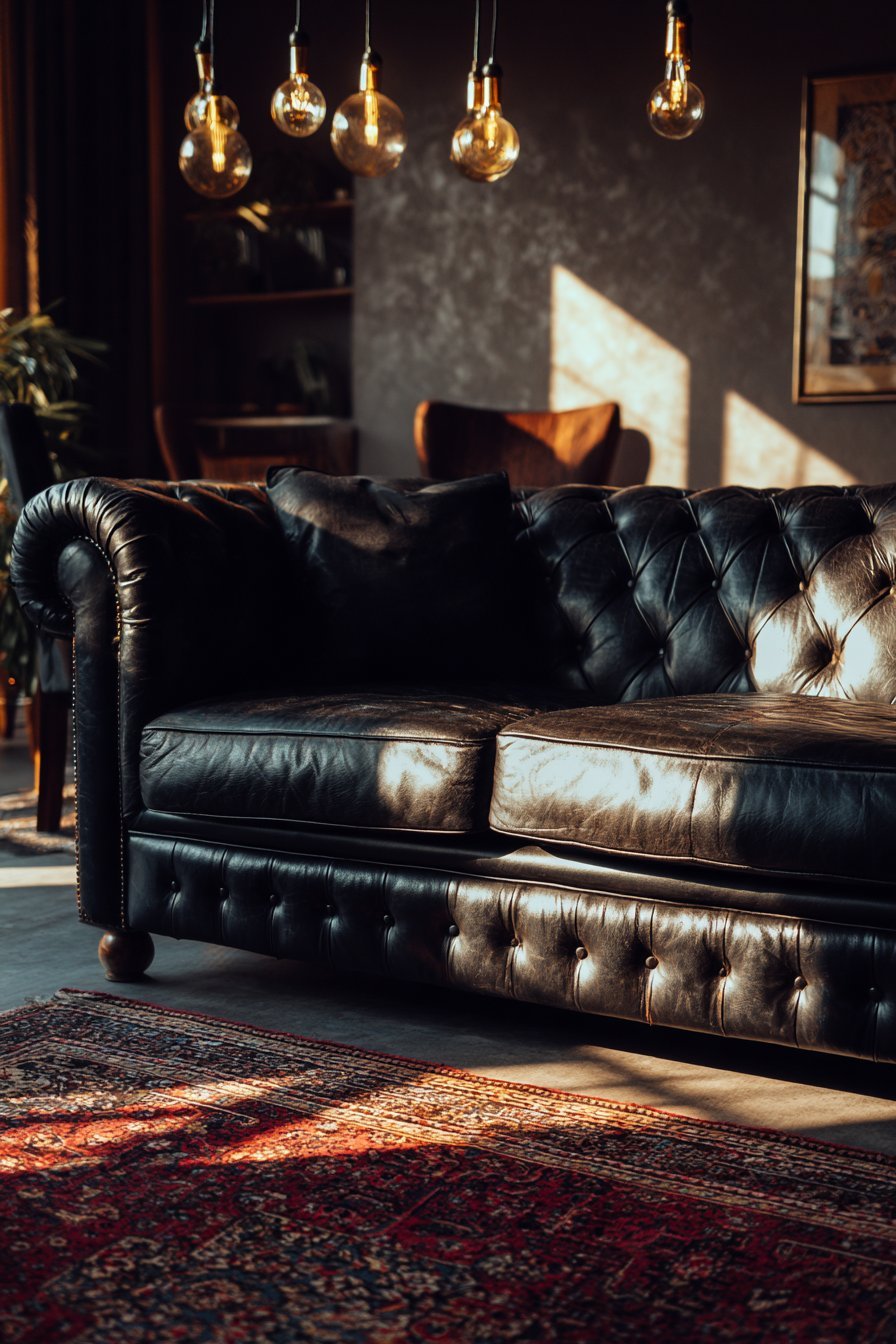 Black leather Chesterfield sofa, burgundy-brown walls, faded Persian rug and Edison bulb pendants