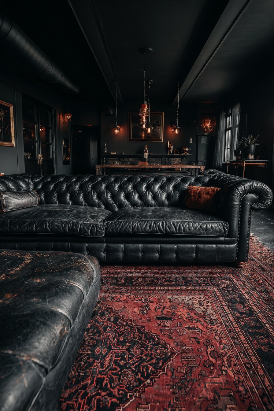 Black leather Chesterfield sofa, burgundy-brown walls, faded Persian rug and Edison bulb pendants