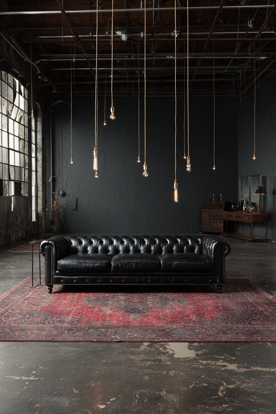 Black leather Chesterfield sofa, burgundy-brown walls, faded Persian rug and Edison bulb pendants