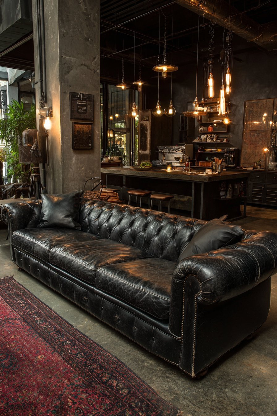Black leather Chesterfield sofa, burgundy-brown walls, faded Persian rug and Edison bulb pendants
