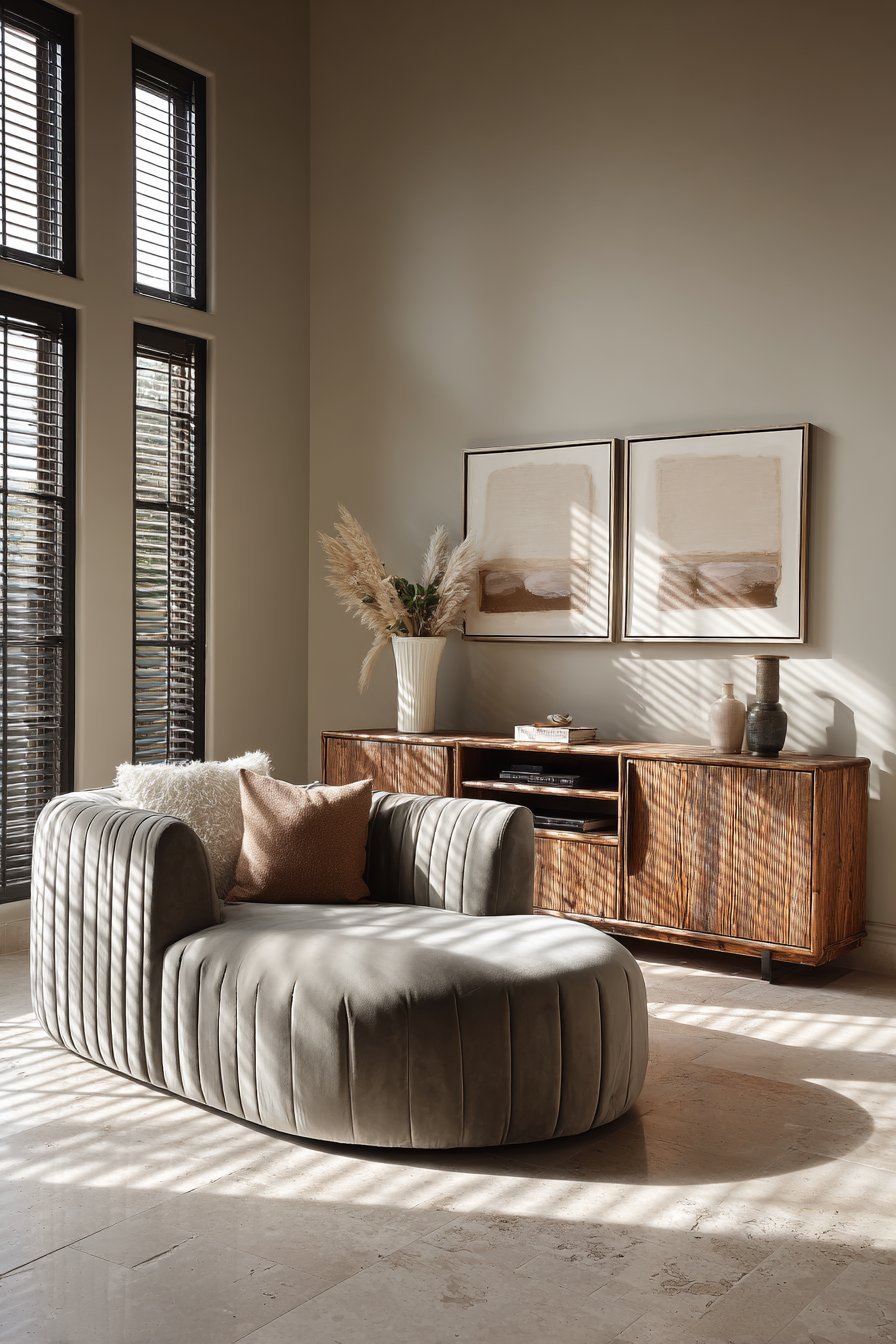 Mushroom grey channeled velvet sofa and reclaimed wood media console in a greige living room with travertine floor