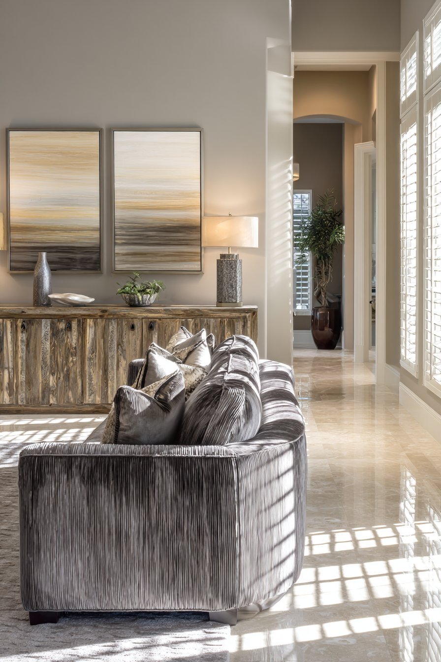 Mushroom grey channeled velvet sofa and reclaimed wood media console in a greige living room with travertine floor