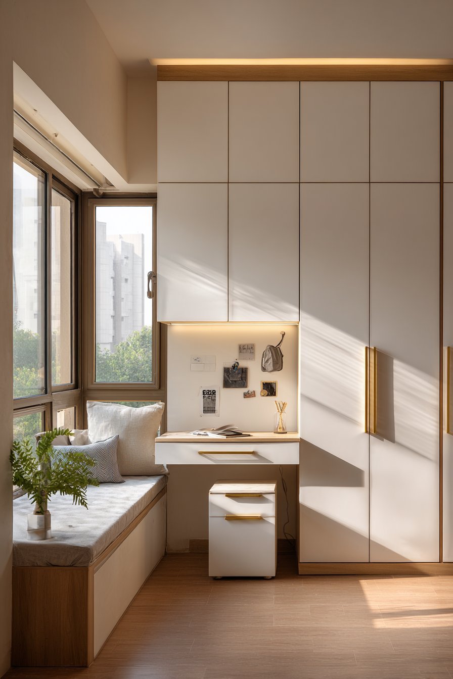 Small bedroom with white floor-to-ceiling wardrobes, under-bed drawers and narrow floating desk