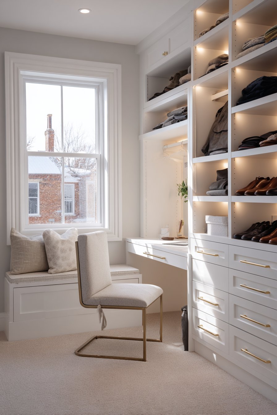 Small bedroom with white floor-to-ceiling wardrobes, under-bed drawers and narrow floating desk