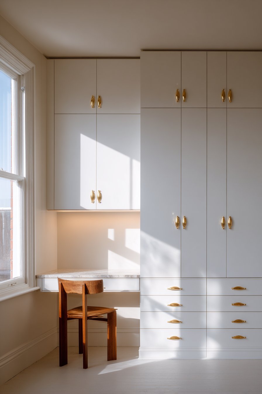 Small bedroom with white floor-to-ceiling wardrobes, under-bed drawers and narrow floating desk