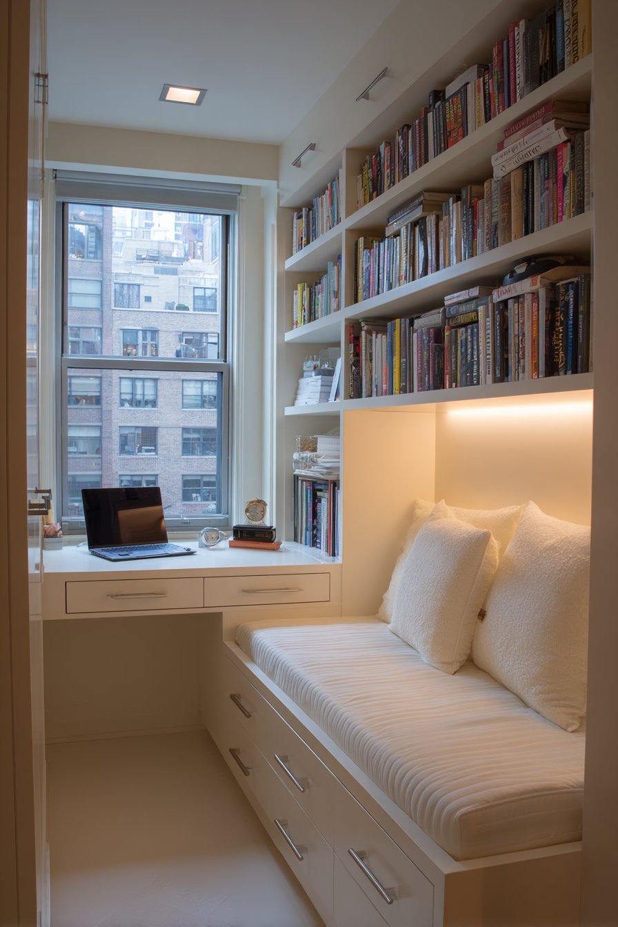 Small bedroom with white floor-to-ceiling wardrobes, under-bed drawers and narrow floating desk