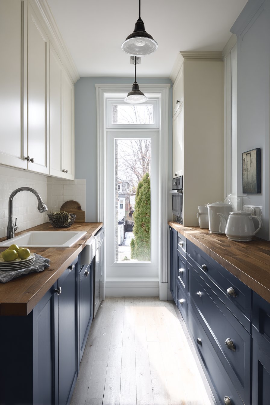 Galley kitchen with navy lower cabinets, white uppers, butcher block counters and pendant lights