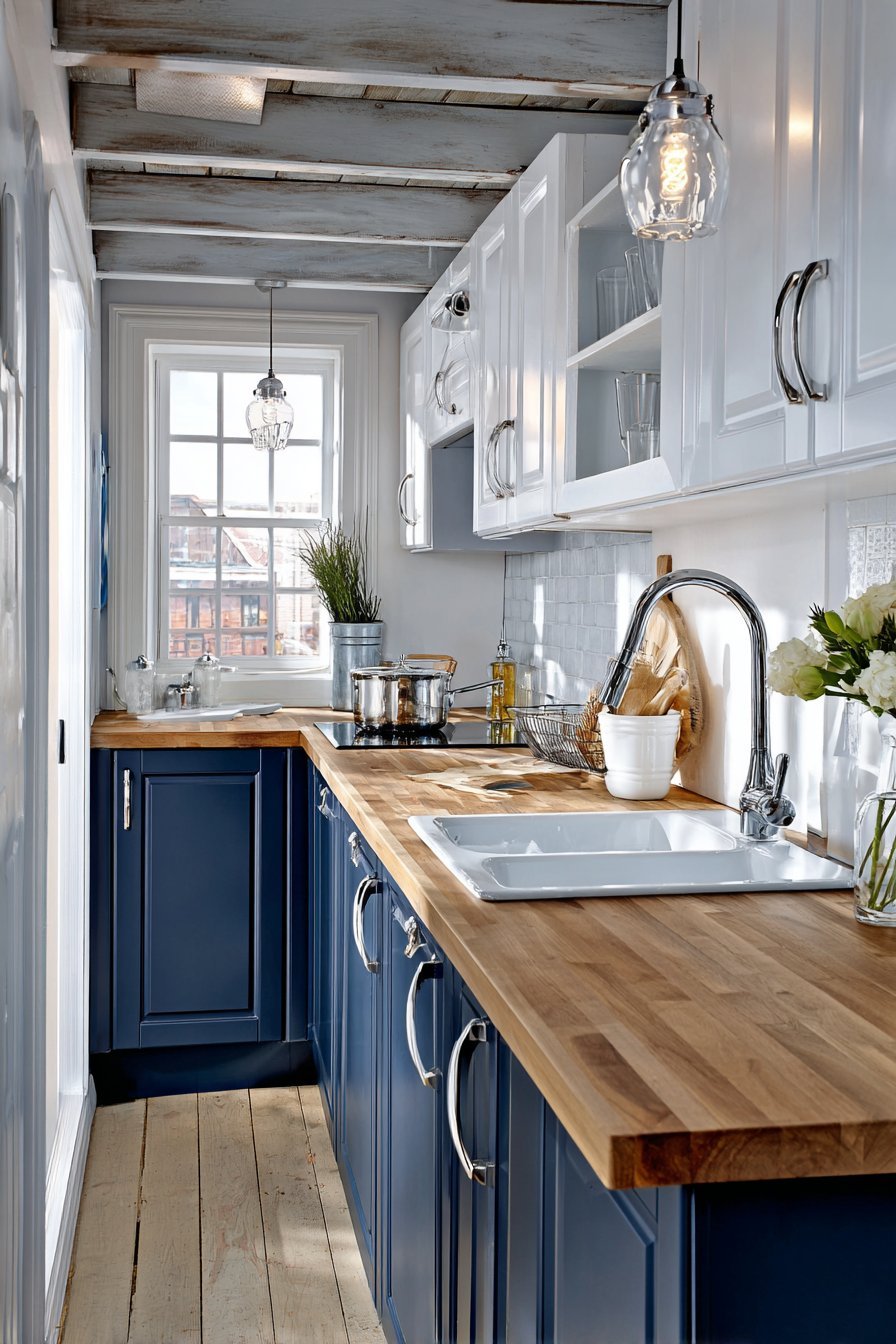 Galley kitchen with navy lower cabinets, white uppers, butcher block counters and pendant lights