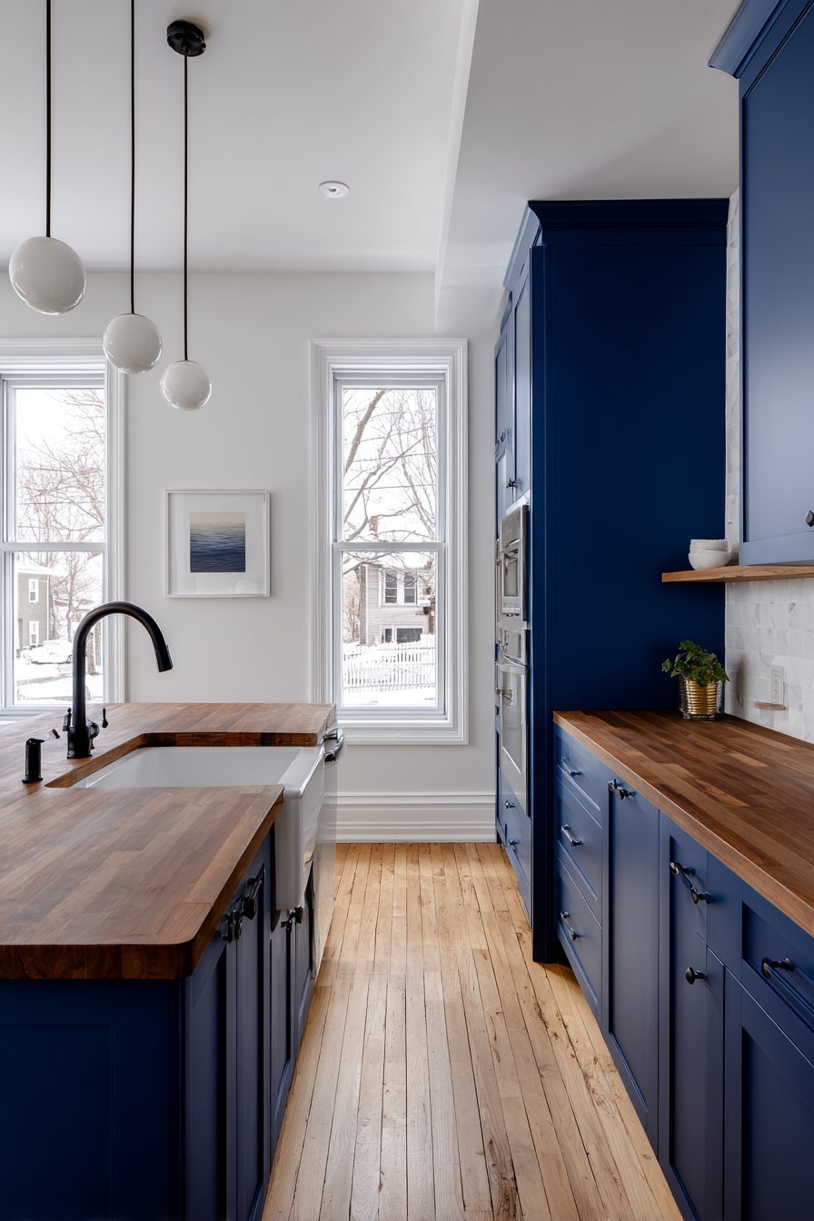 Galley kitchen with navy lower cabinets, white uppers, butcher block counters and pendant lights