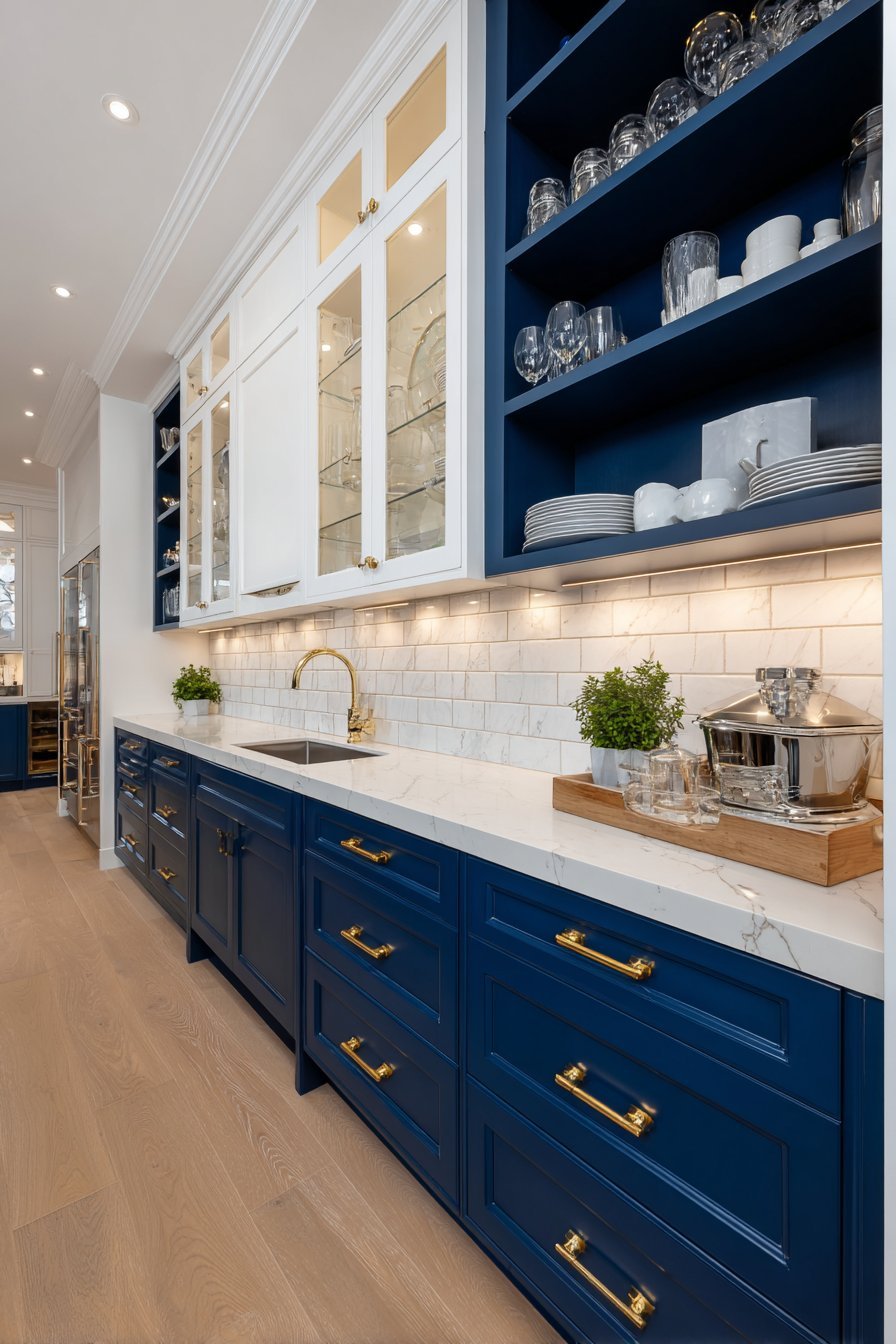 Navy lower and white upper kitchen cabinets with brass hardware, white subway tile and open shelving
