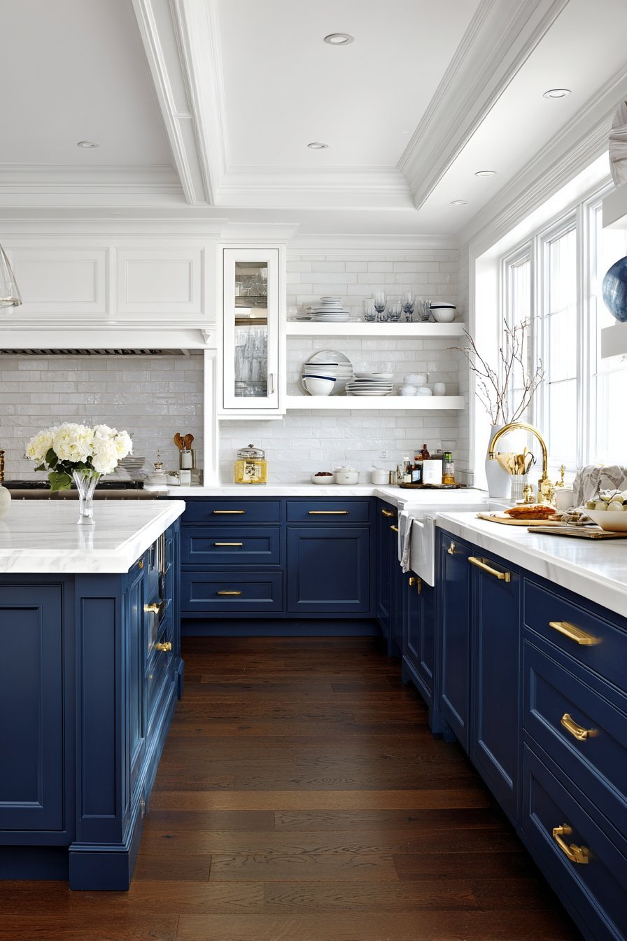 Navy lower and white upper kitchen cabinets with brass hardware, white subway tile and open shelving