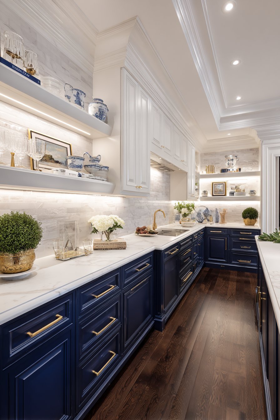Navy lower and white upper kitchen cabinets with brass hardware, white subway tile and open shelving