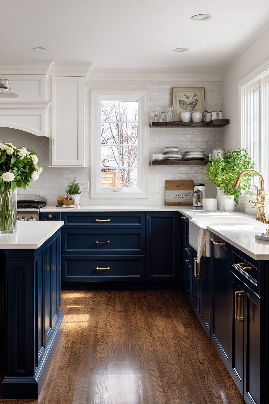 Navy lower and white upper kitchen cabinets with brass hardware, white subway tile and open shelving