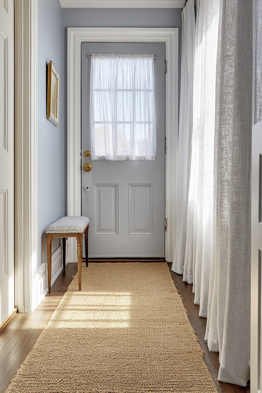 Dove grey six-panel bedroom door with brass knob, white molding, pale blue walls and jute runner