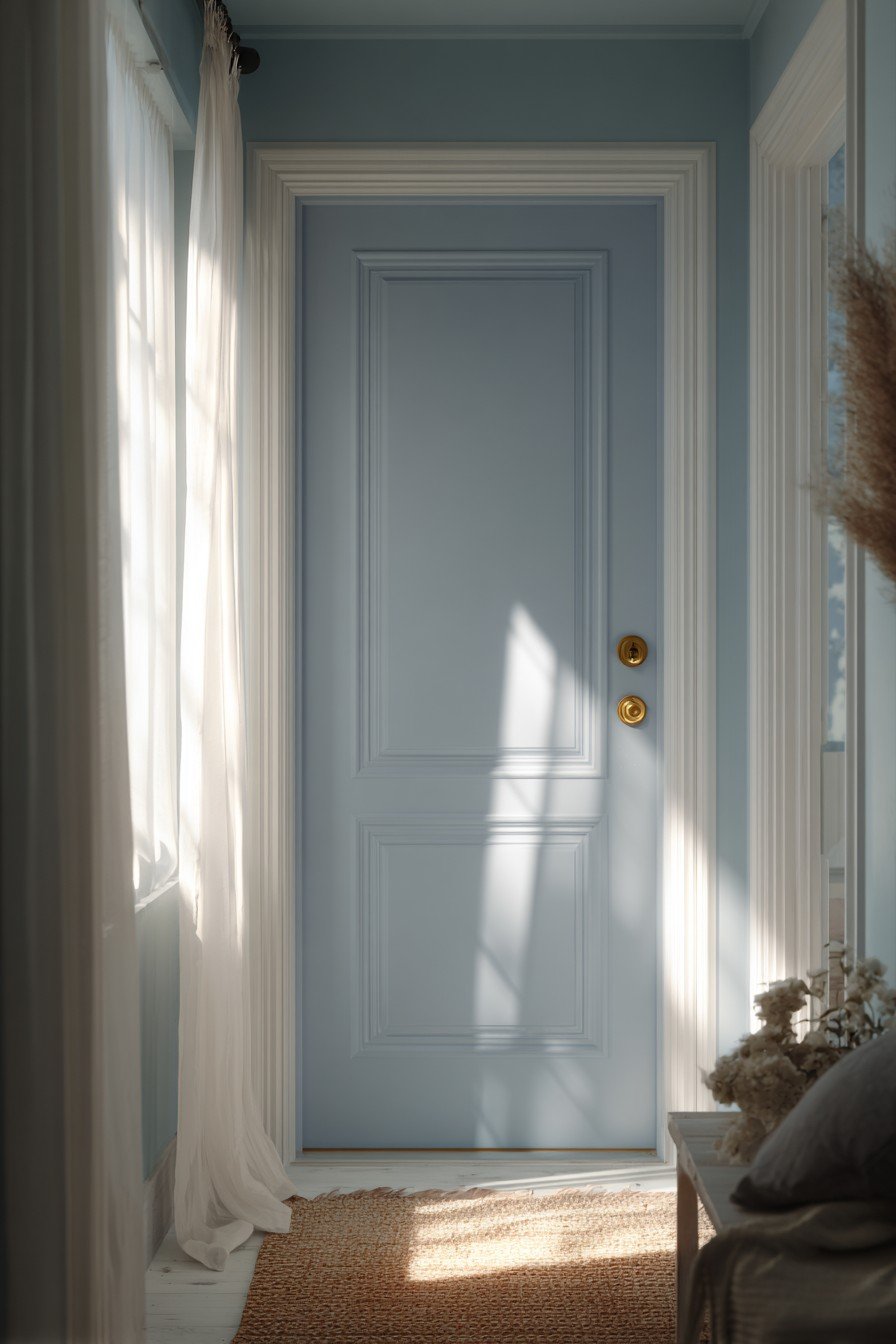 Dove grey six-panel bedroom door with brass knob, white molding, pale blue walls and jute runner