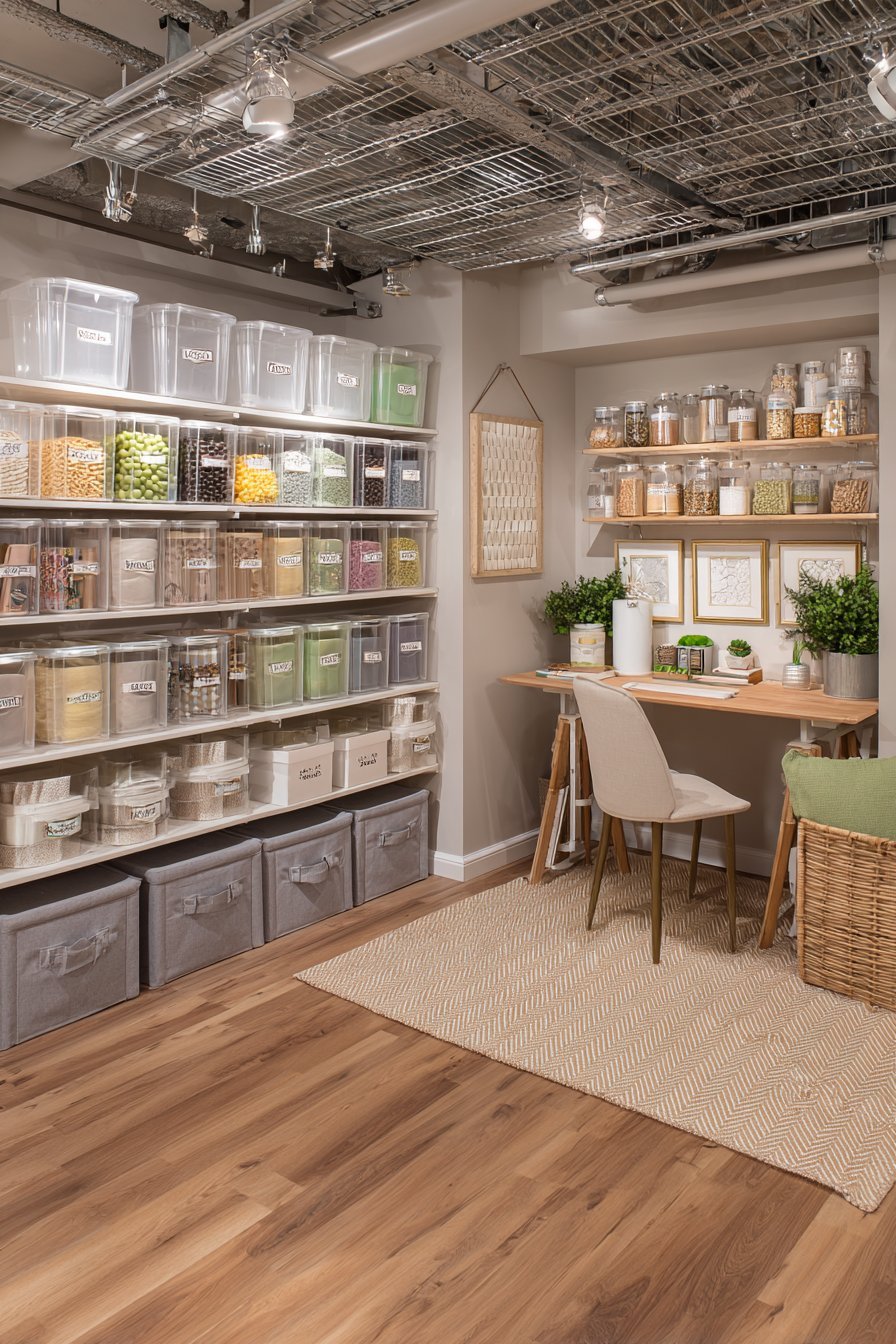 Clear containers on chrome wire shelving, grey fabric cubes and a small desk on light oak vinyl plank basement flooring