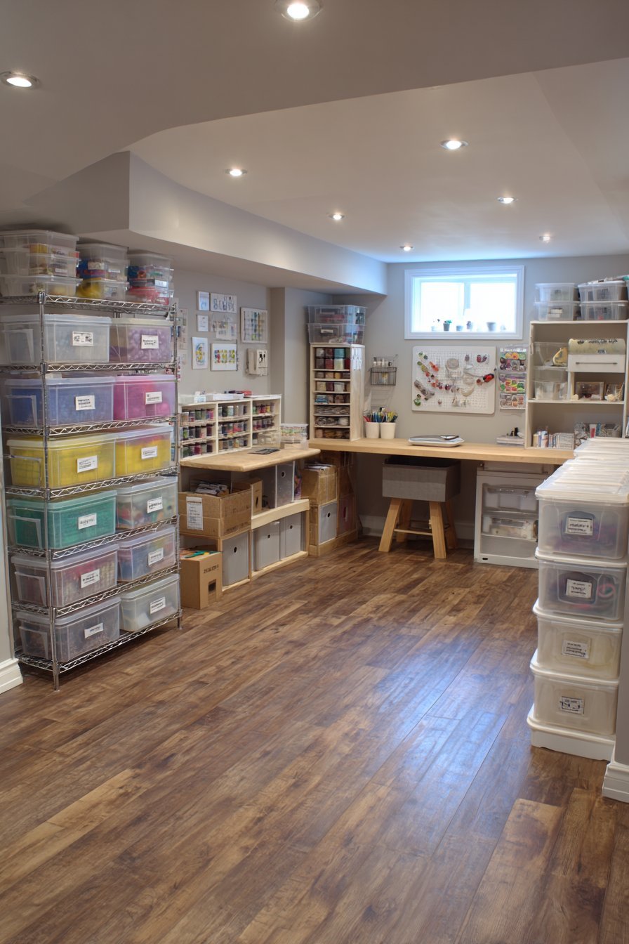 Clear containers on chrome wire shelving, grey fabric cubes and a small desk on light oak vinyl plank basement flooring