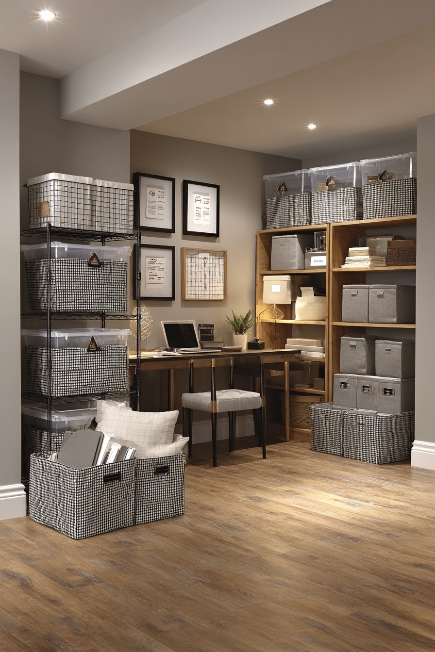Clear containers on chrome wire shelving, grey fabric cubes and a small desk on light oak vinyl plank basement flooring