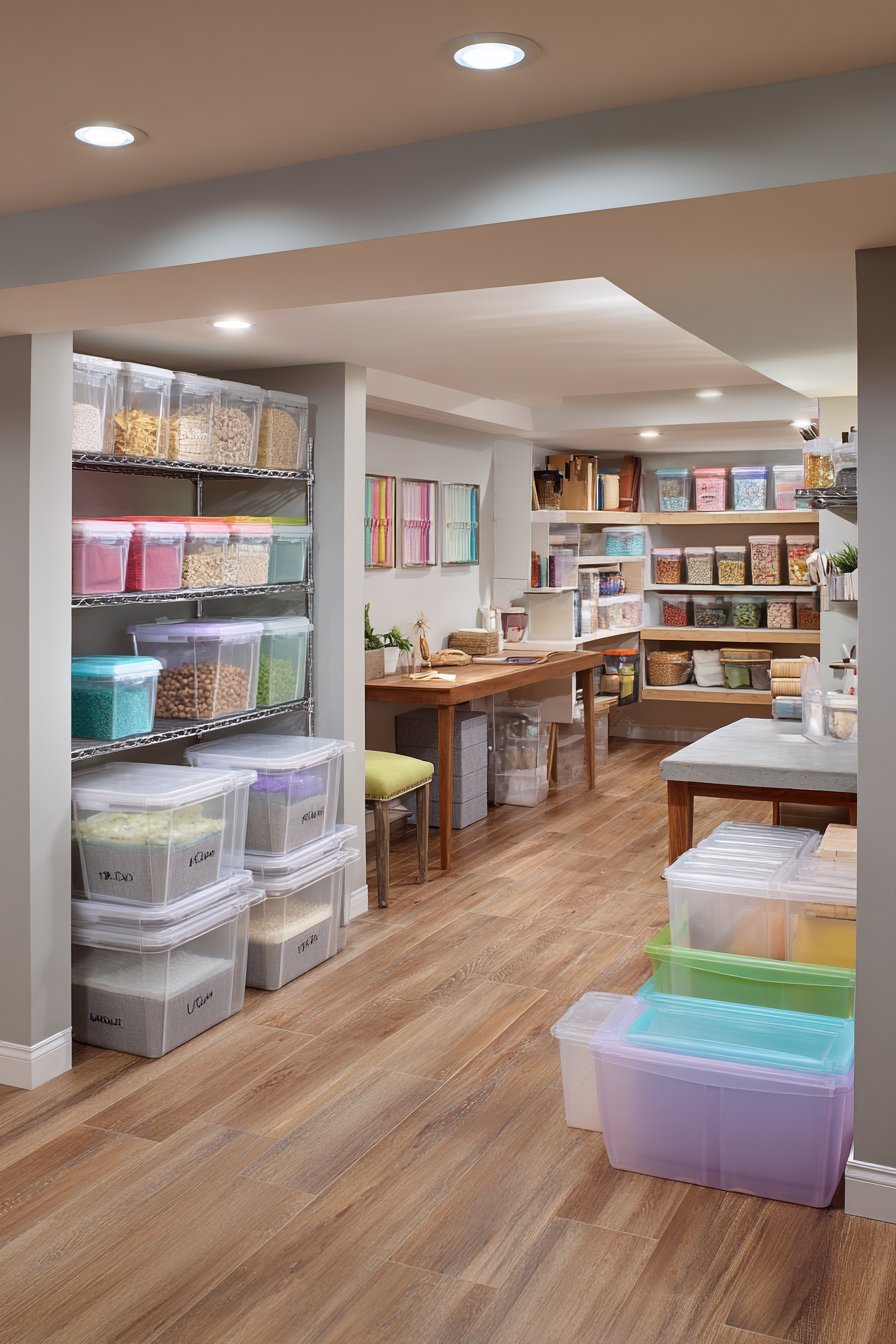Clear containers on chrome wire shelving, grey fabric cubes and a small desk on light oak vinyl plank basement flooring