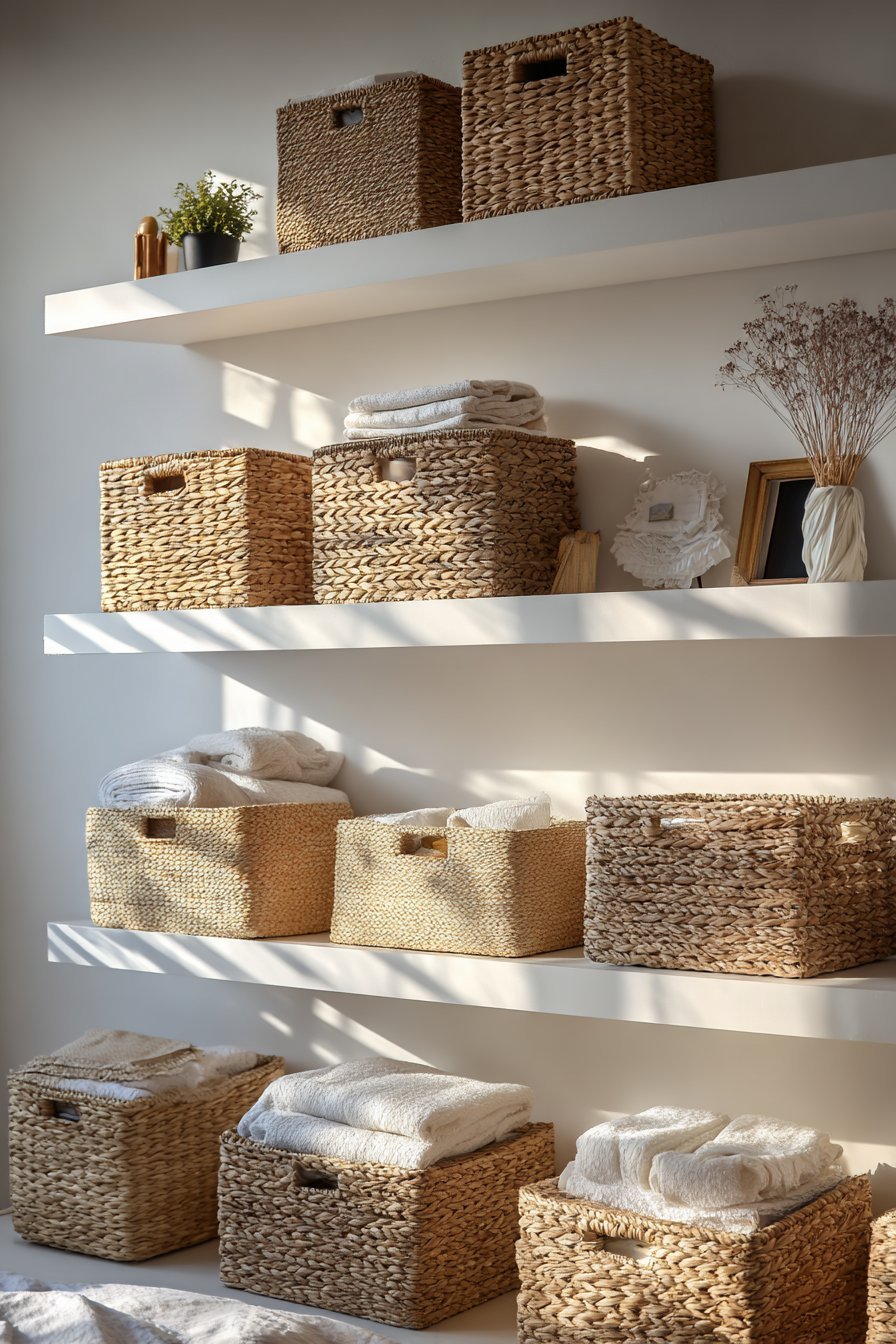 Seagrass baskets with fabric tags on white floating shelves holding folded clothing and linens, with small plants