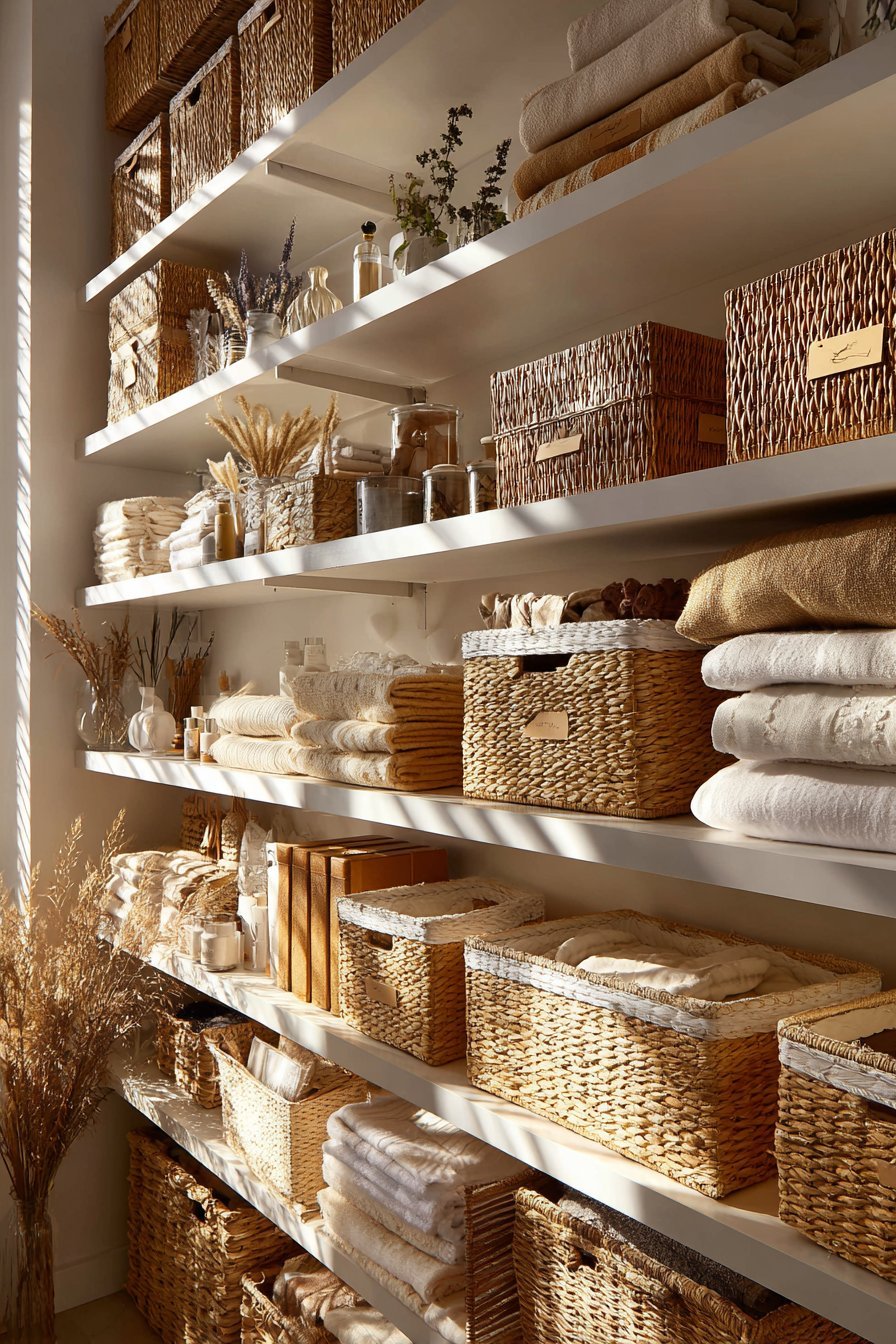 Seagrass baskets with fabric tags on white floating shelves holding folded clothing and linens, with small plants