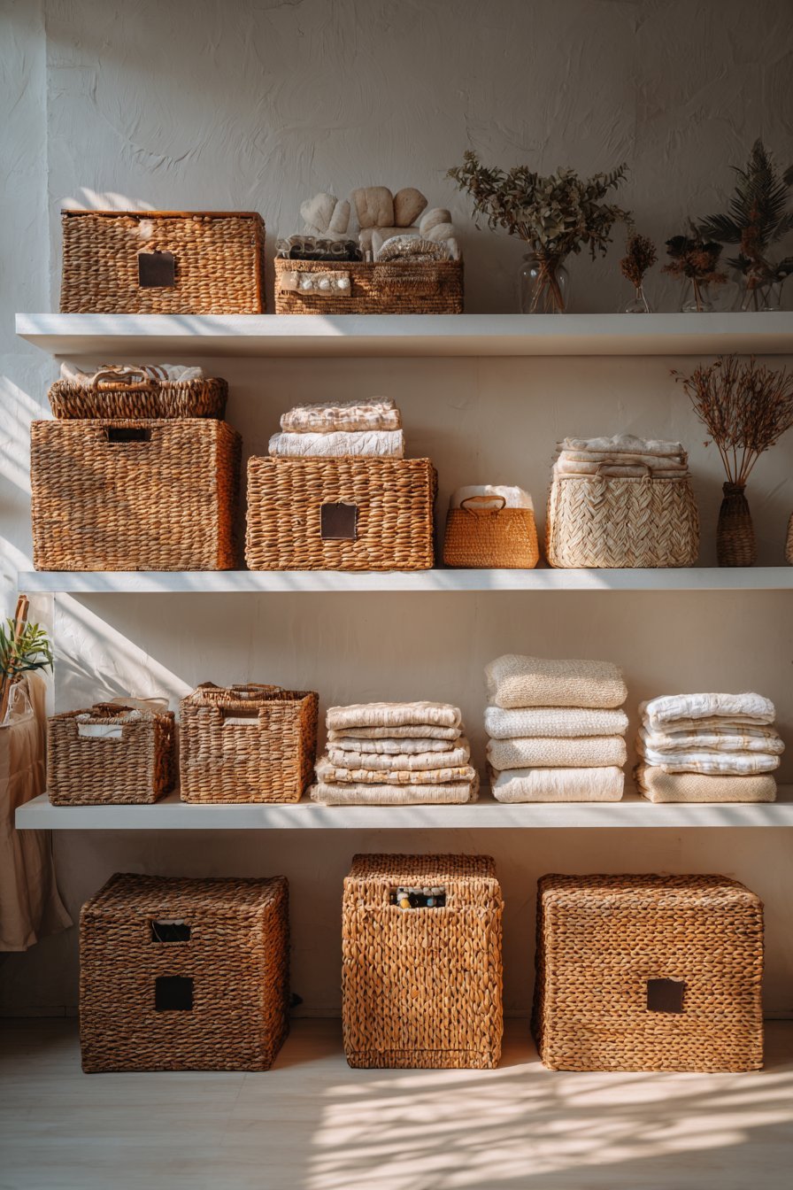 Seagrass baskets with fabric tags on white floating shelves holding folded clothing and linens, with small plants
