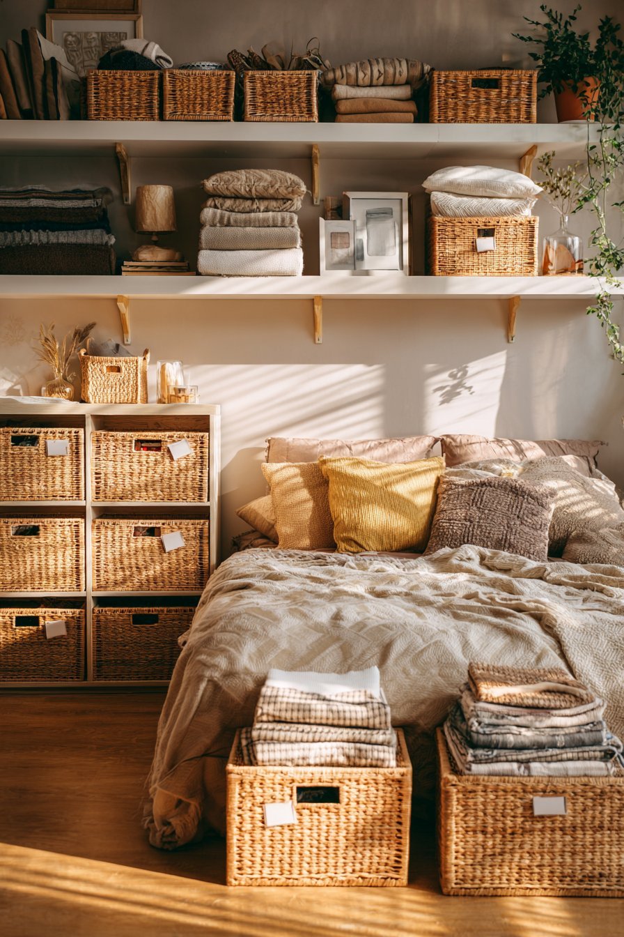 Seagrass baskets with fabric tags on white floating shelves holding folded clothing and linens, with small plants