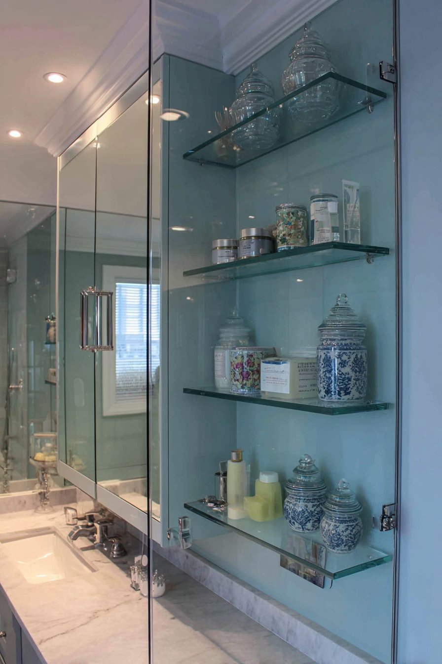 Flush frameless mirrored medicine cabinet with glass shelves and LED lighting above a double vanity