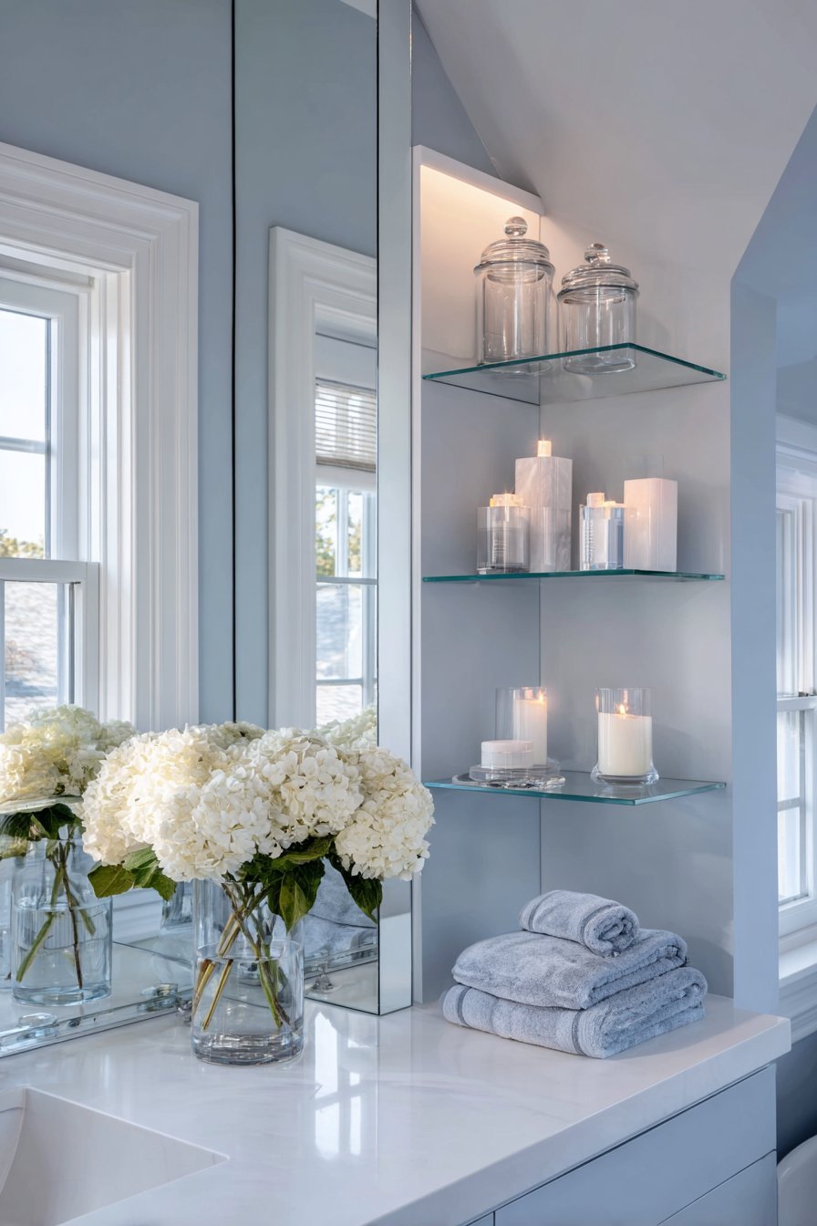 Flush frameless mirrored medicine cabinet with glass shelves and LED lighting above a double vanity