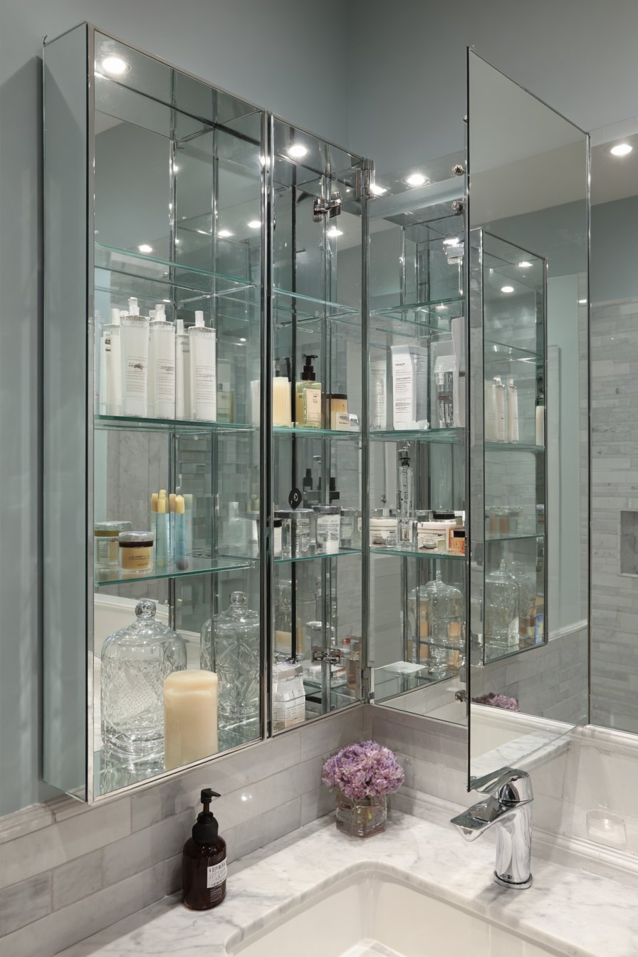 Flush frameless mirrored medicine cabinet with glass shelves and LED lighting above a double vanity