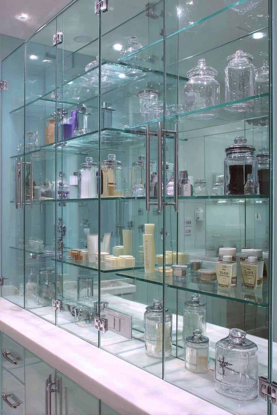 Flush frameless mirrored medicine cabinet with glass shelves and LED lighting above a double vanity