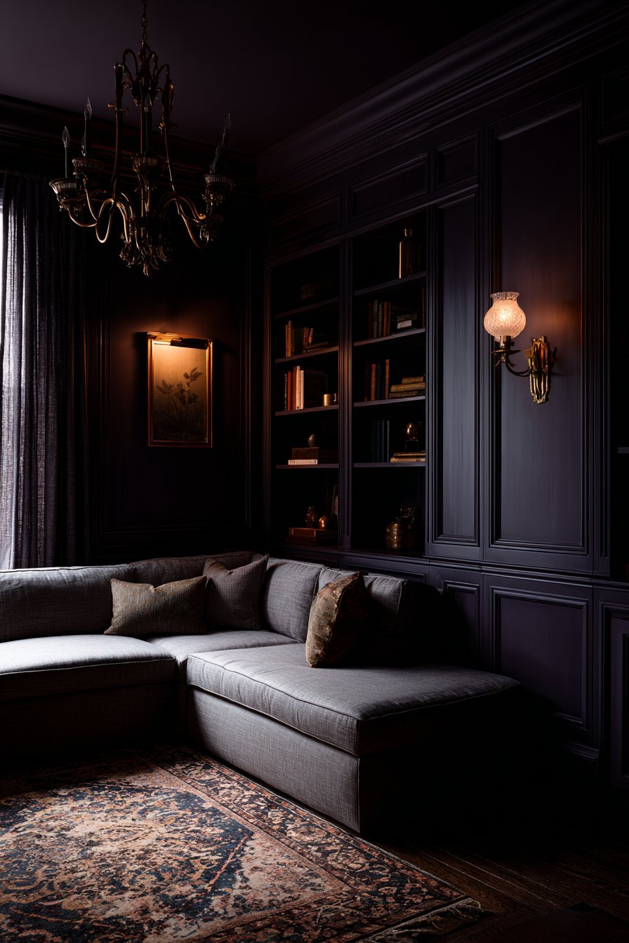 Aubergine purple walls with grey linen sectional, brass chandelier, Turkish rug and matching built-in shelves