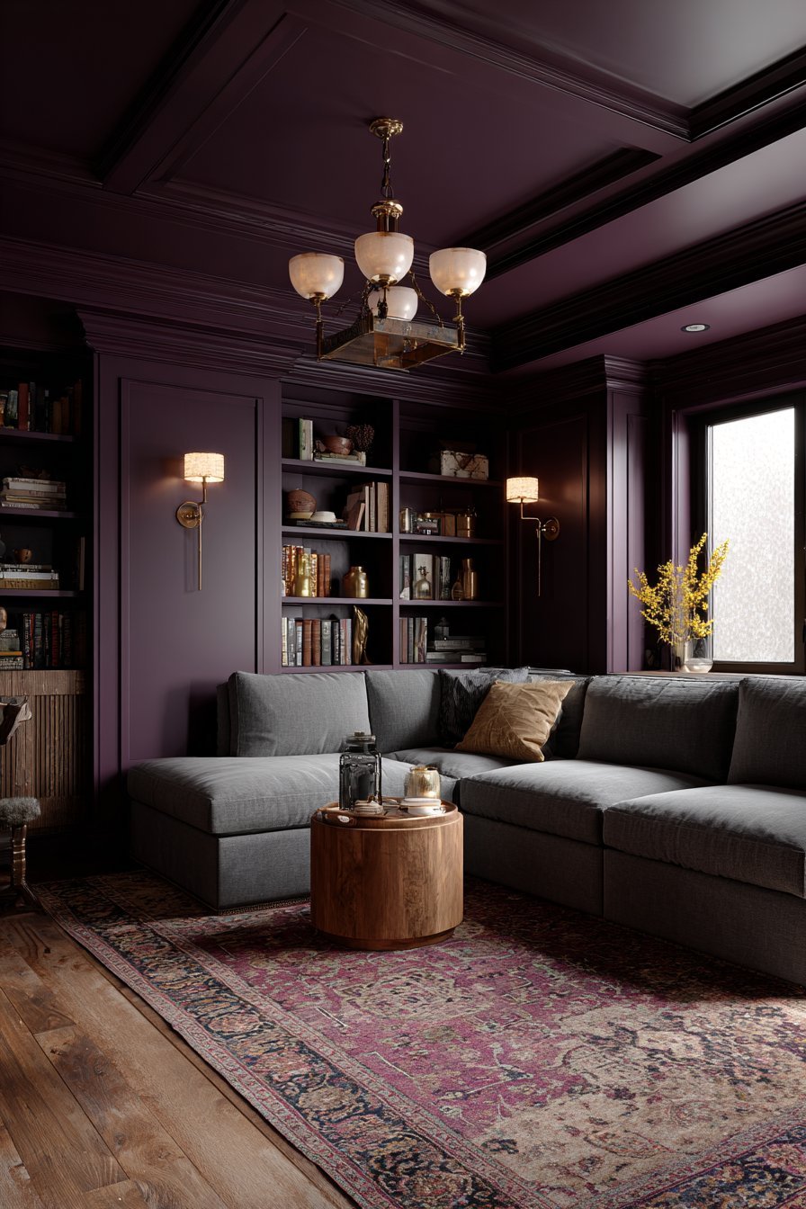 Aubergine purple walls with grey linen sectional, brass chandelier, Turkish rug and matching built-in shelves
