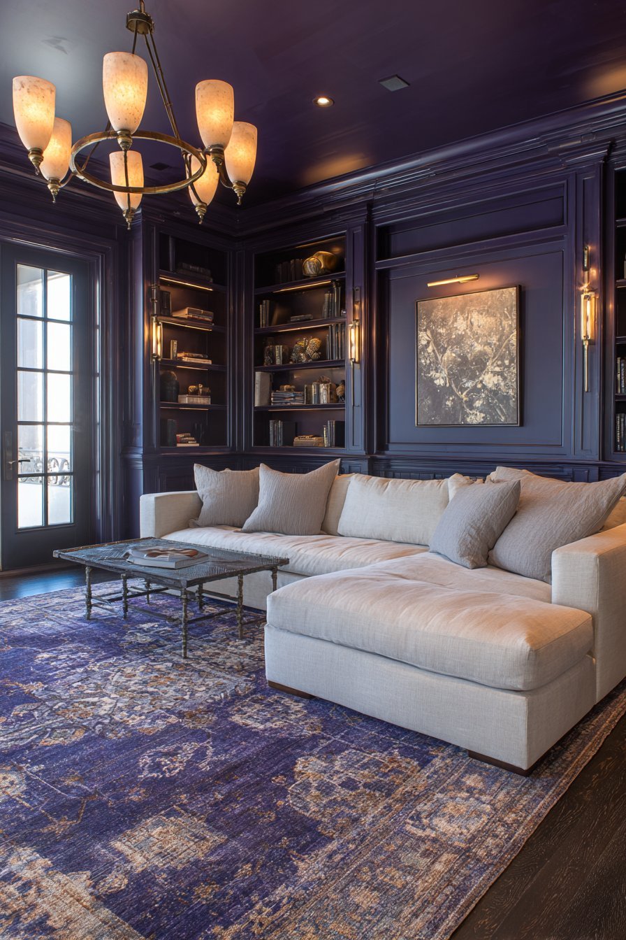 Aubergine purple walls with grey linen sectional, brass chandelier, Turkish rug and matching built-in shelves