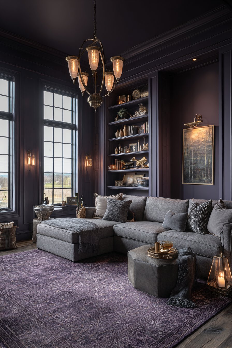 Aubergine purple walls with grey linen sectional, brass chandelier, Turkish rug and matching built-in shelves