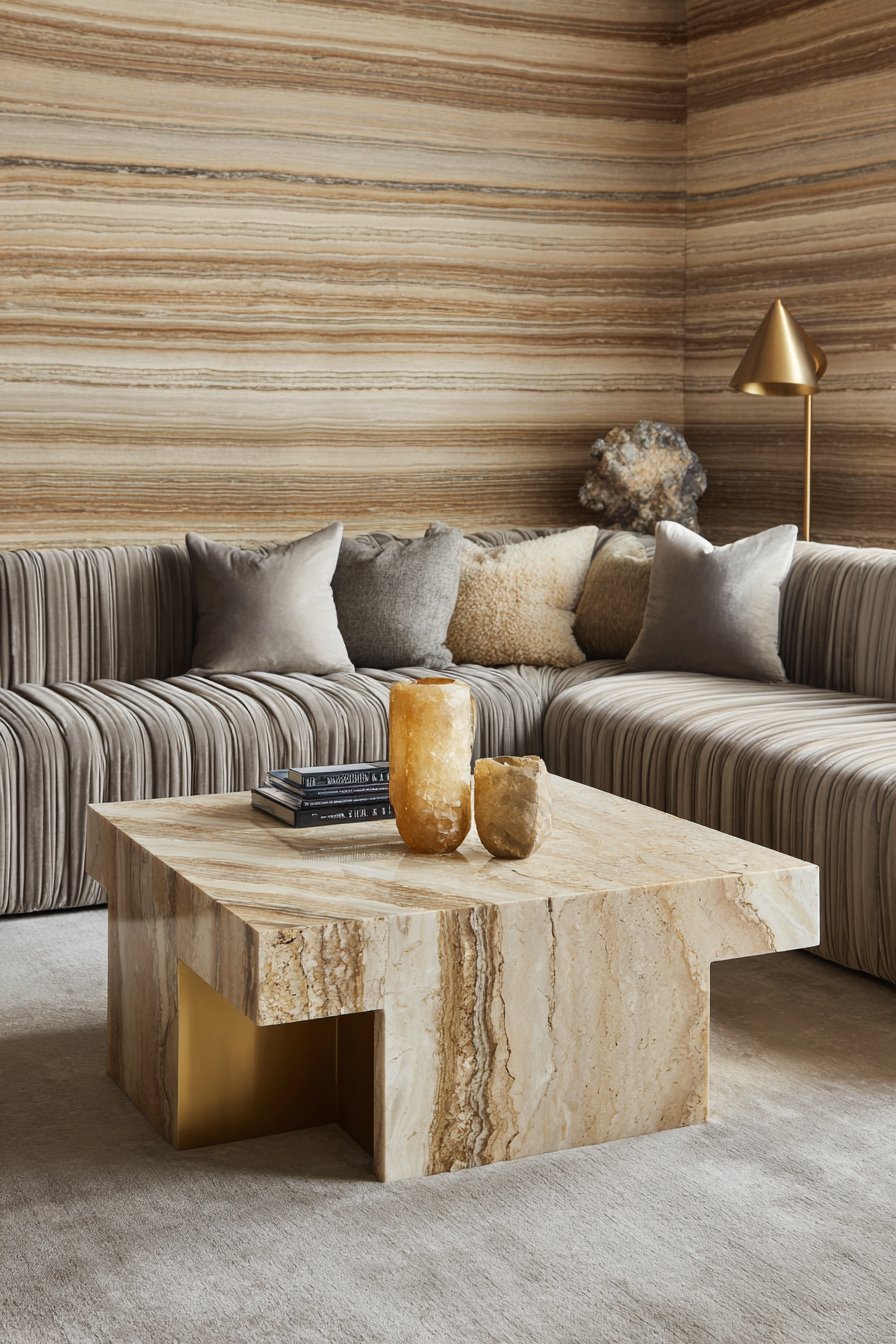 Champagne velvet channel-tufted sofa, marble and brass coffee table and wheat grasscloth walls in a neutral living room